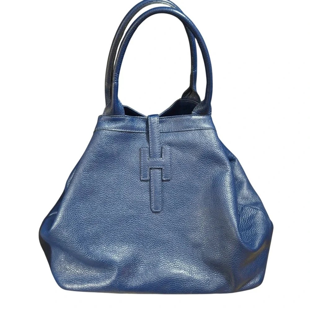 Harper Navy Pebbled Leather Shoulder Bag Classic Luxury Made In Italy